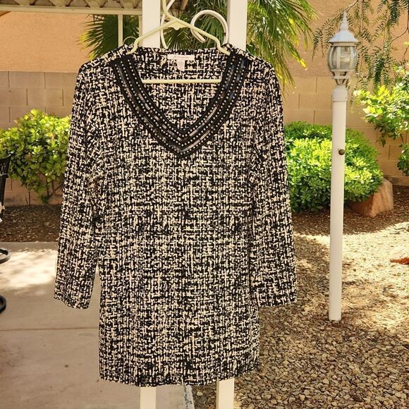 JM Collection women medium 3/4 length sleeve tunic top black and white - Picture 1 of 6